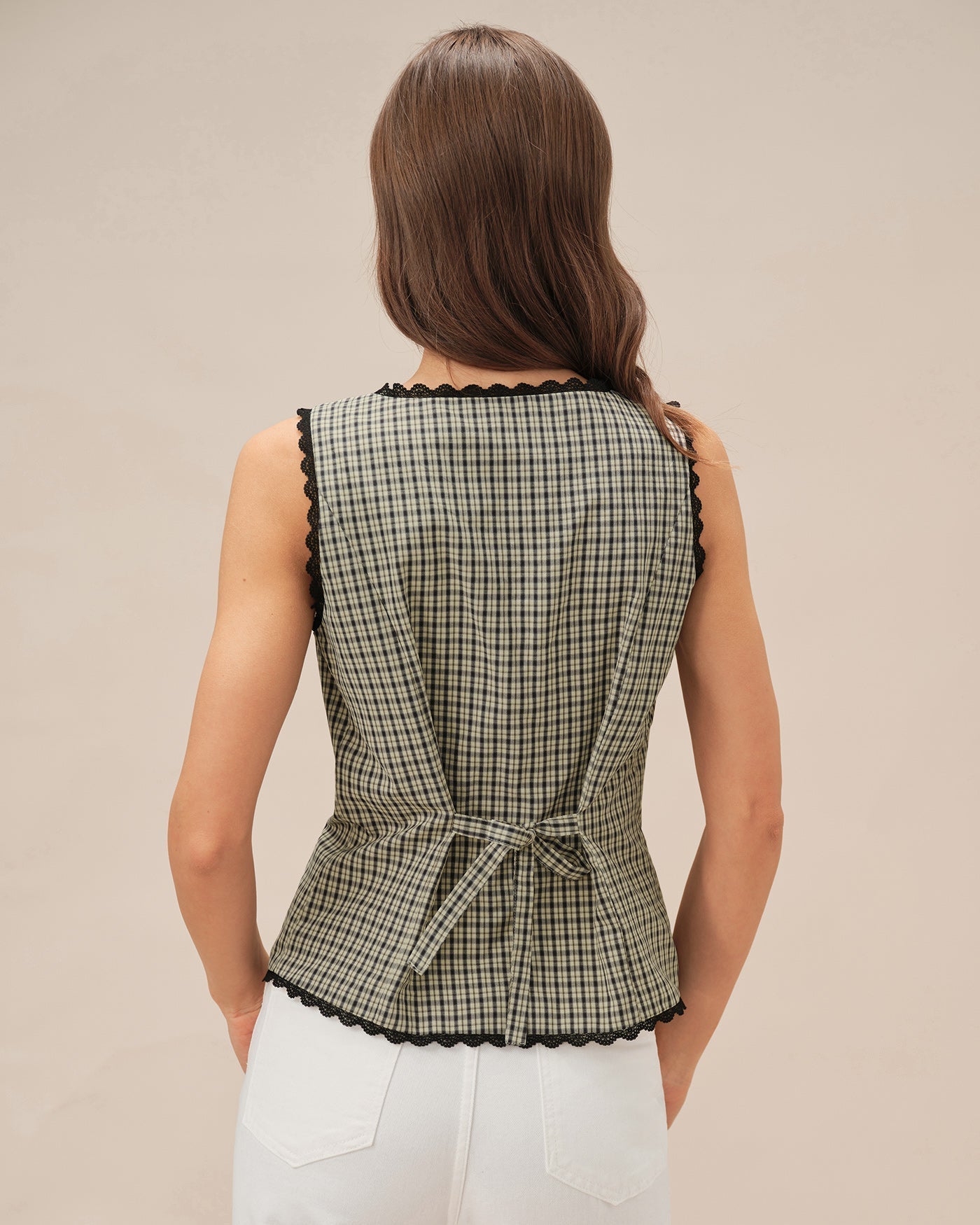Apricot Boat Neck Plaid Tank Top