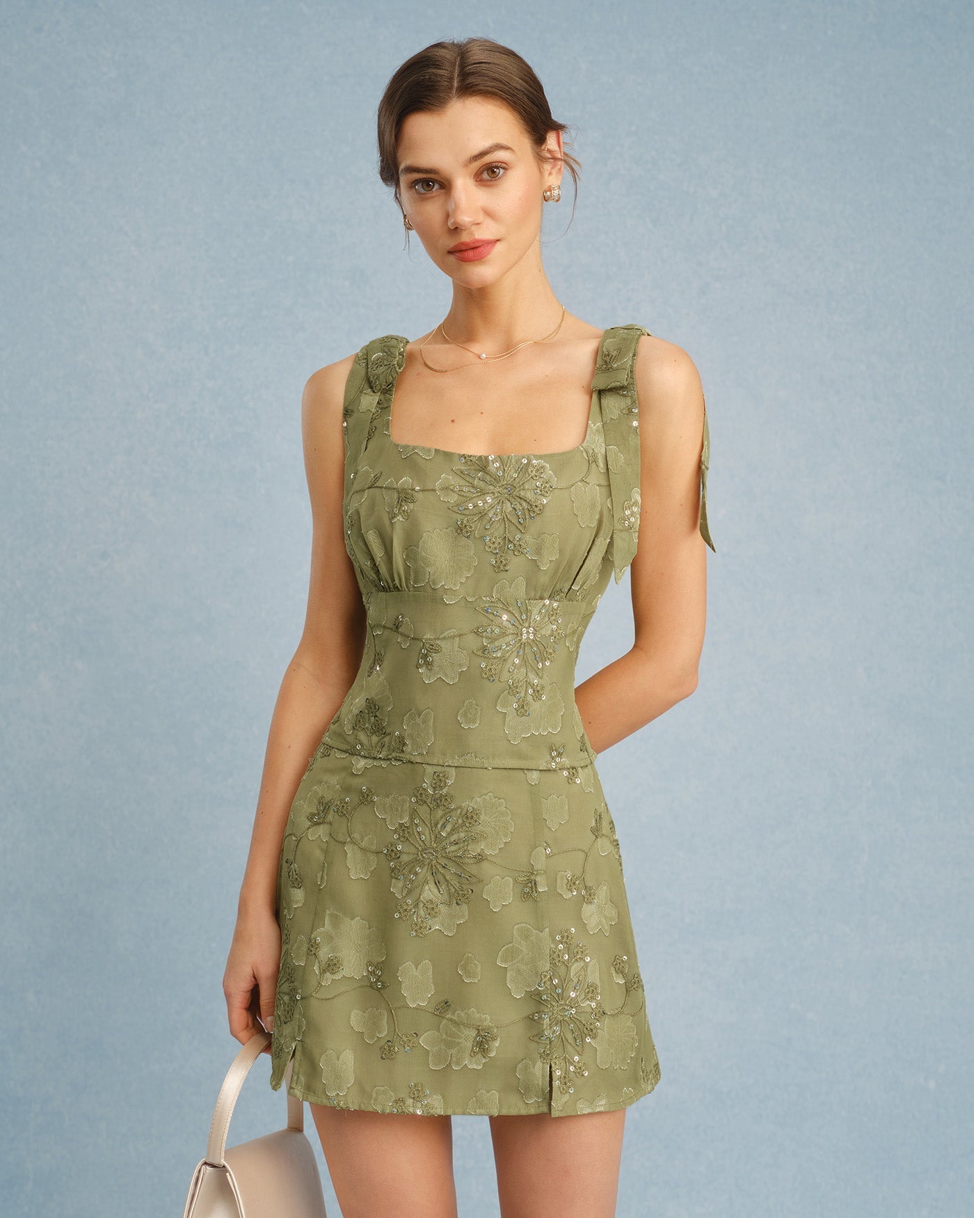 Green Square Neck Jacquard Tank Top
