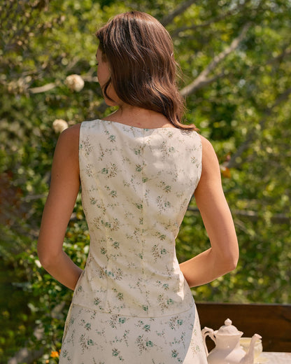 Green Square Neck Floral Tank Top