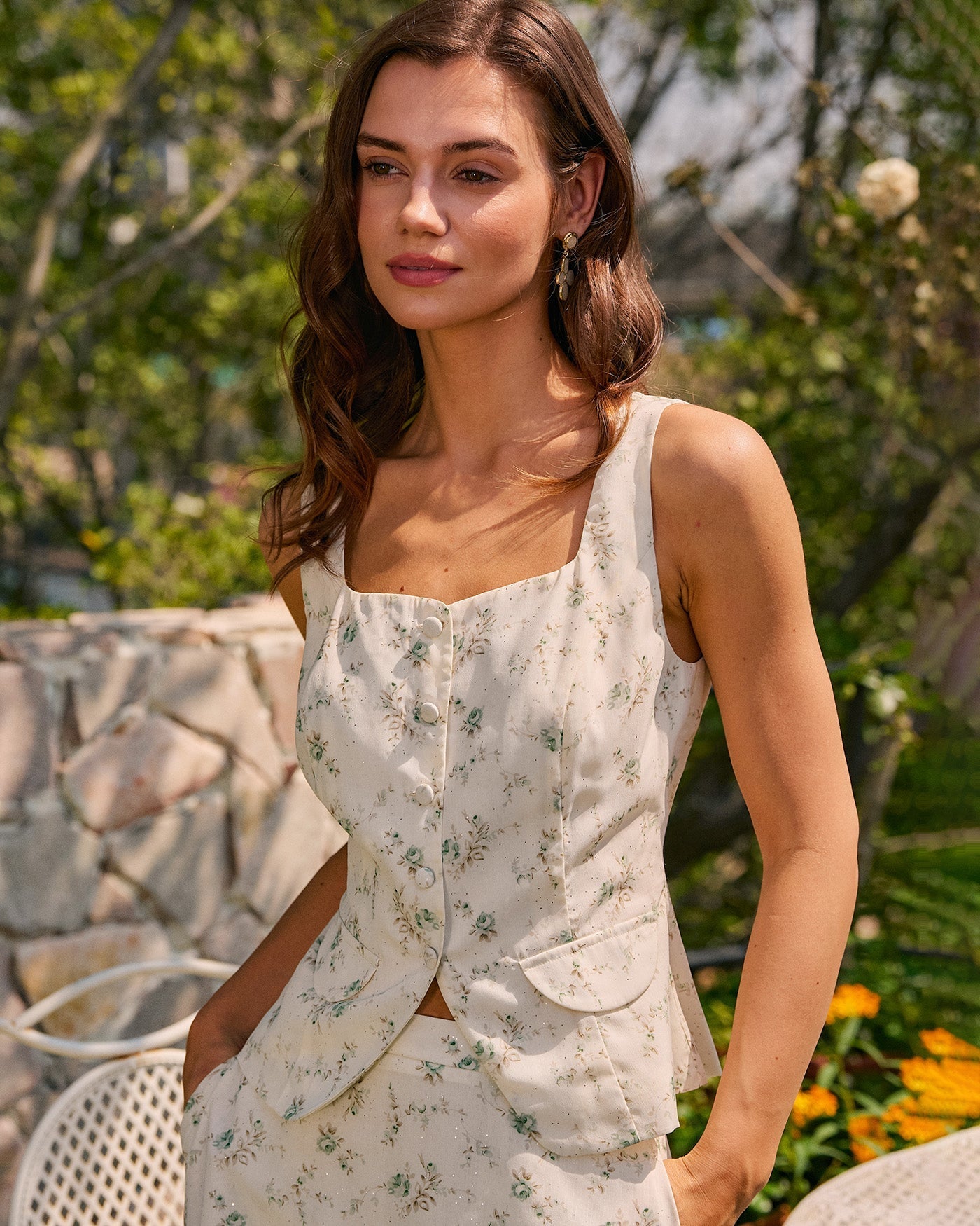 Green Square Neck Floral Tank Top