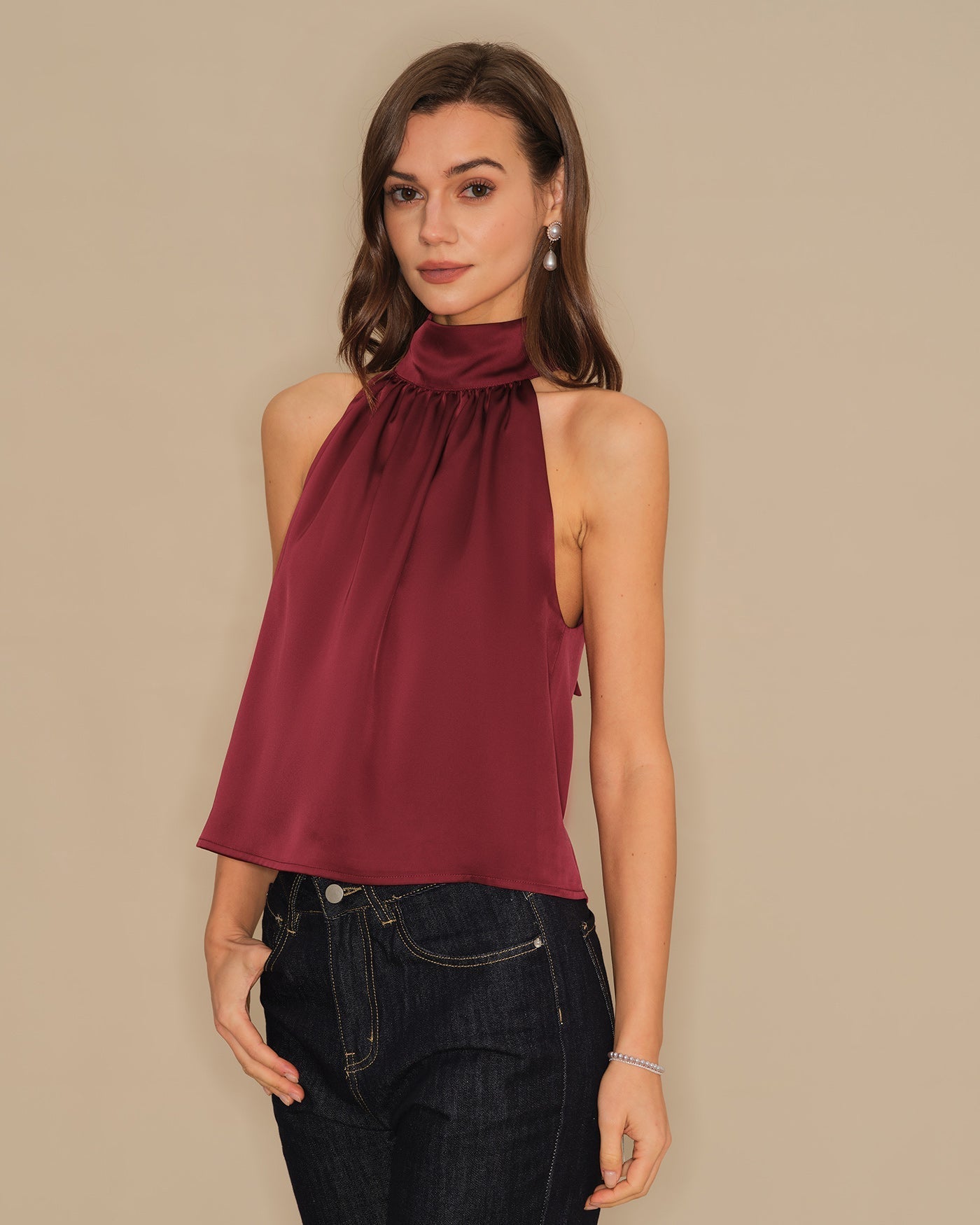 Wine Red Turtle Bowknot Satin Tank Top