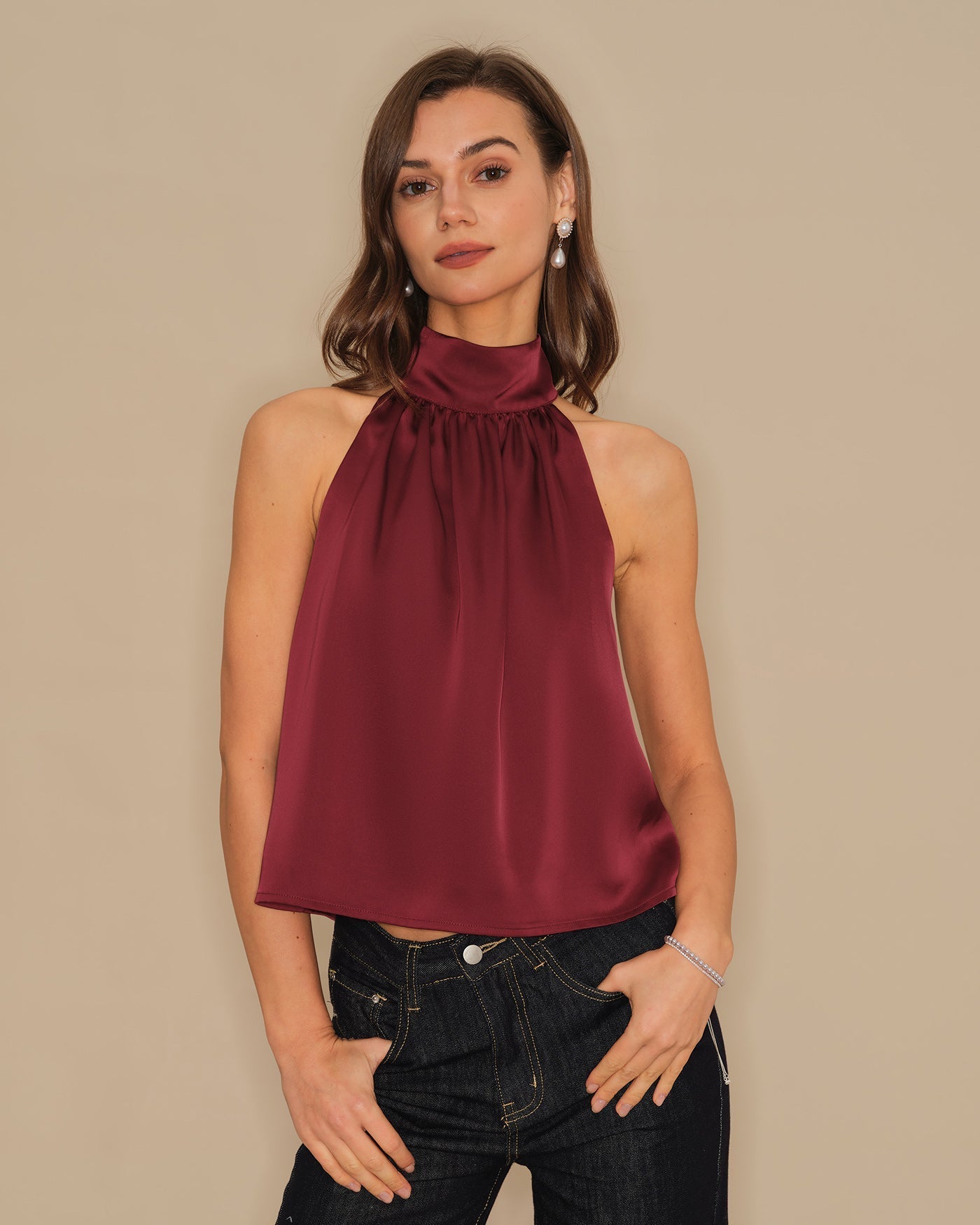 Wine Red Turtle Bowknot Satin Tank Top