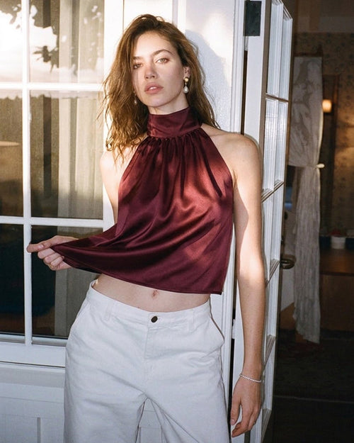 Wine Red Turtle Bowknot Satin Tank Top