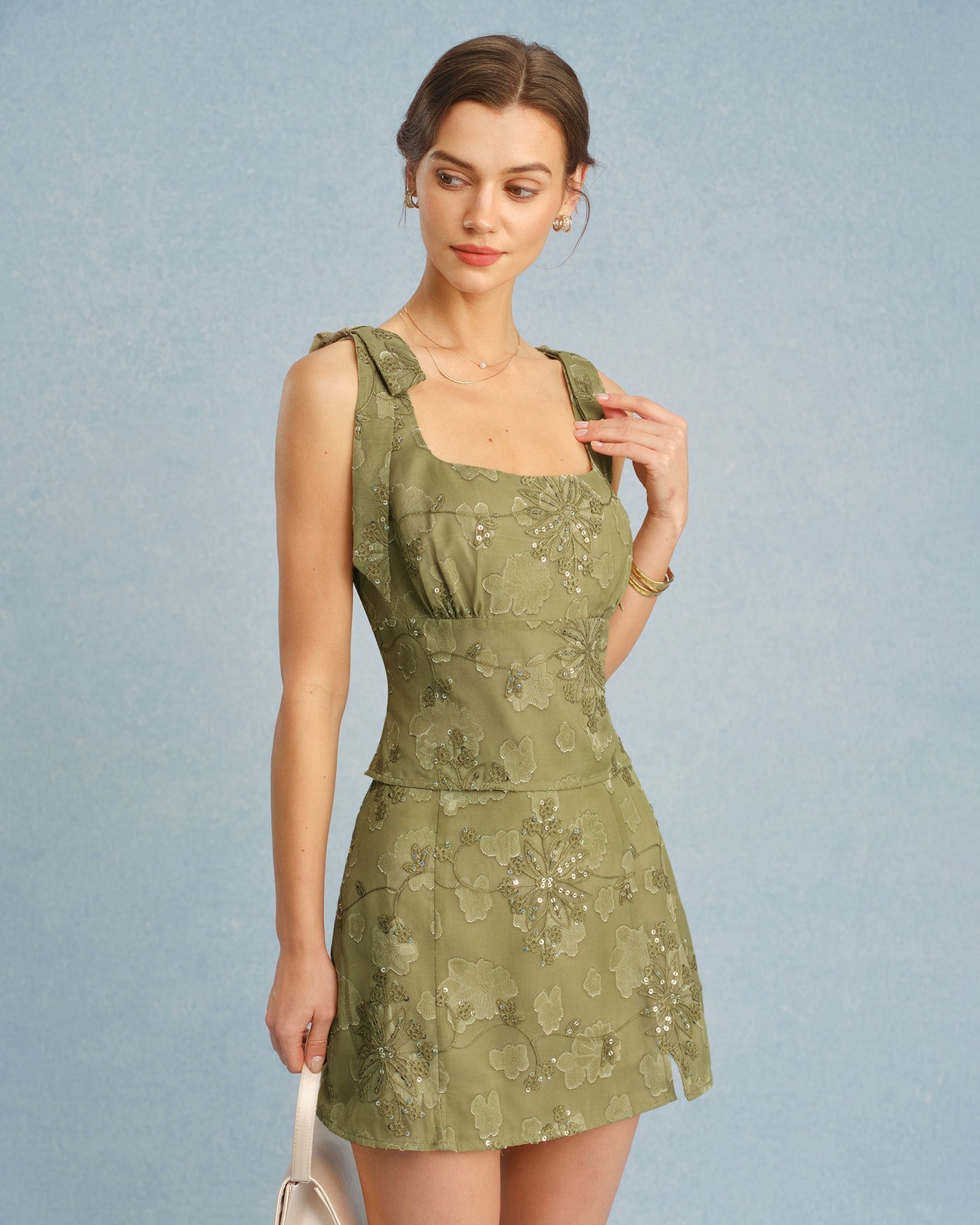 Green Square Neck Jacquard Tank Top