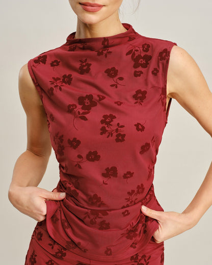 Red Mock Neck Floral Tank Top