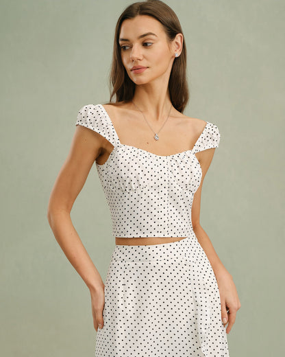 White Sweetheart Neck Polka Dot Tank Top