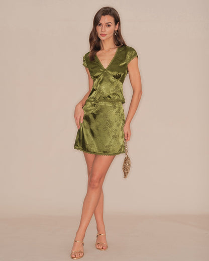 Green V Neck Floral Satin Tee