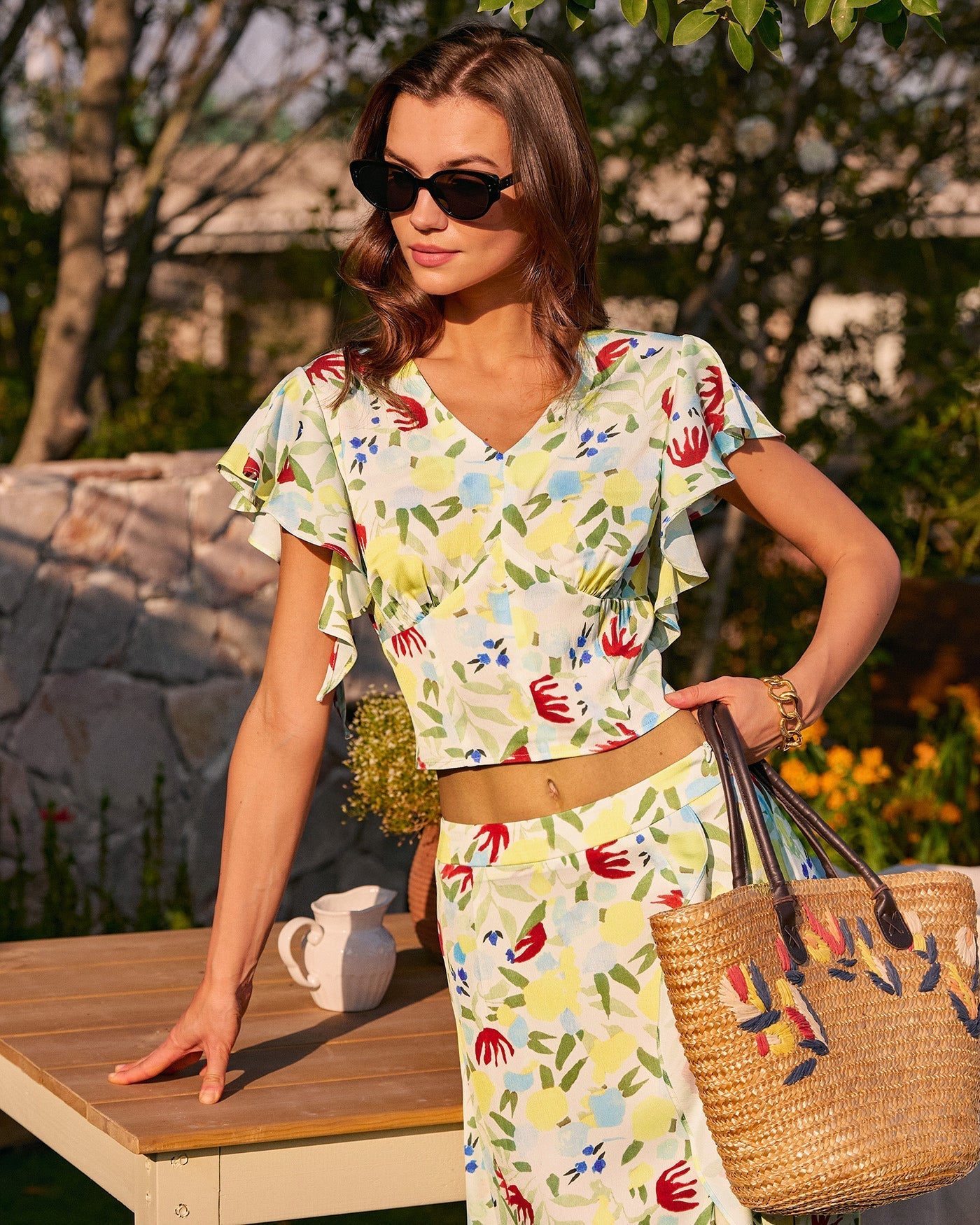 Floral V Neck Ruffle Tee