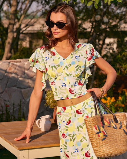 Floral V Neck Ruffle Tee