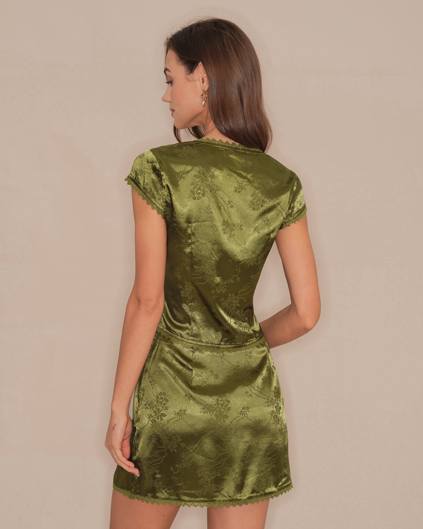 Green V Neck Floral Satin Tee