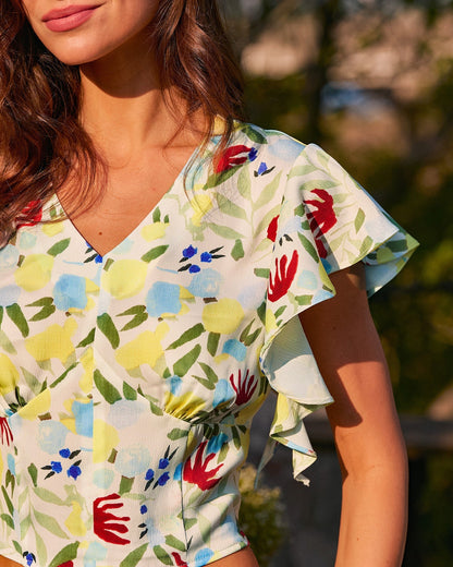 Floral V Neck Ruffle Tee