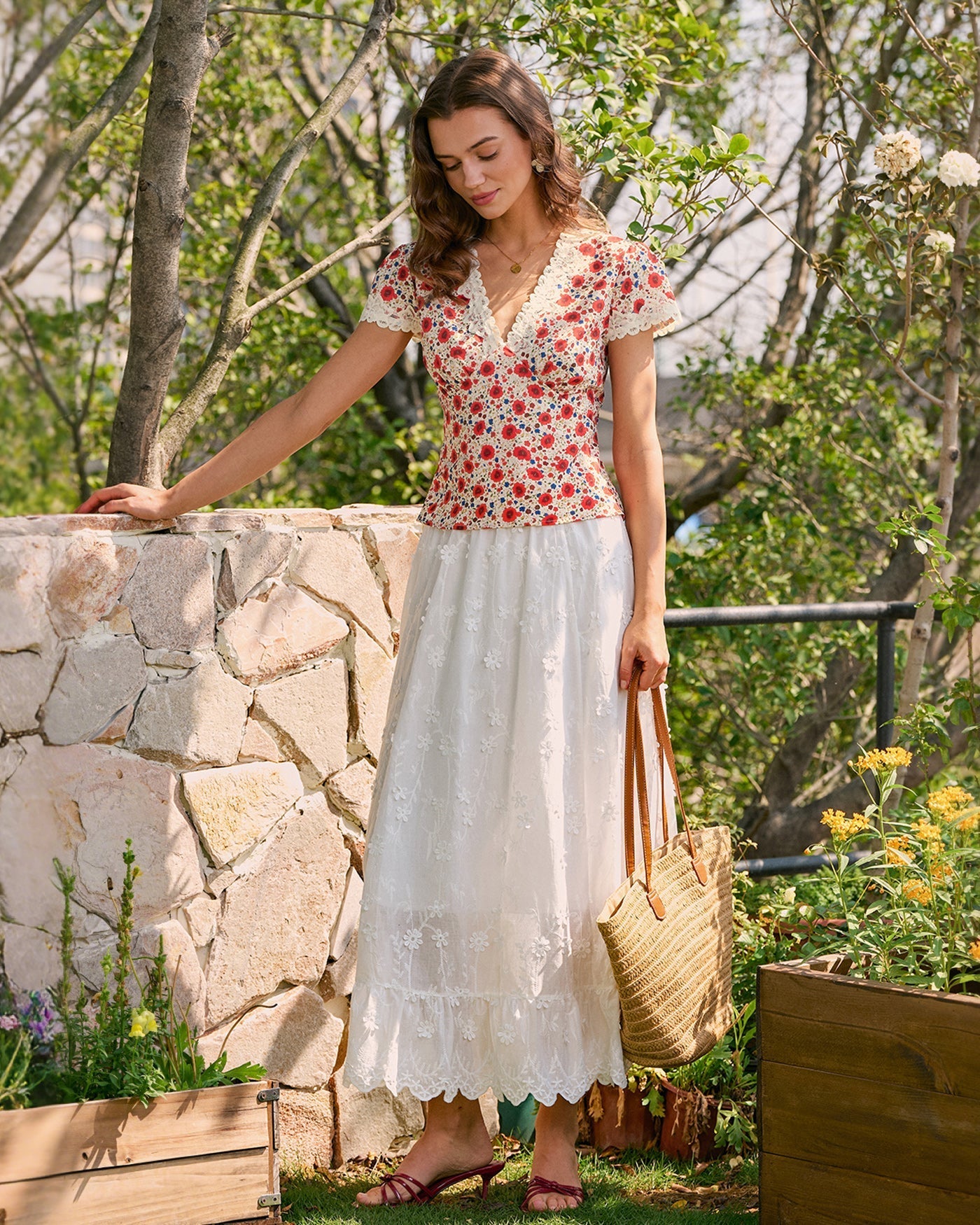 Red V Neck Lace Floral Tee