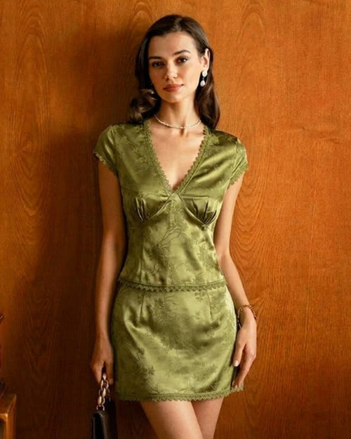 Green V Neck Floral Satin Tee