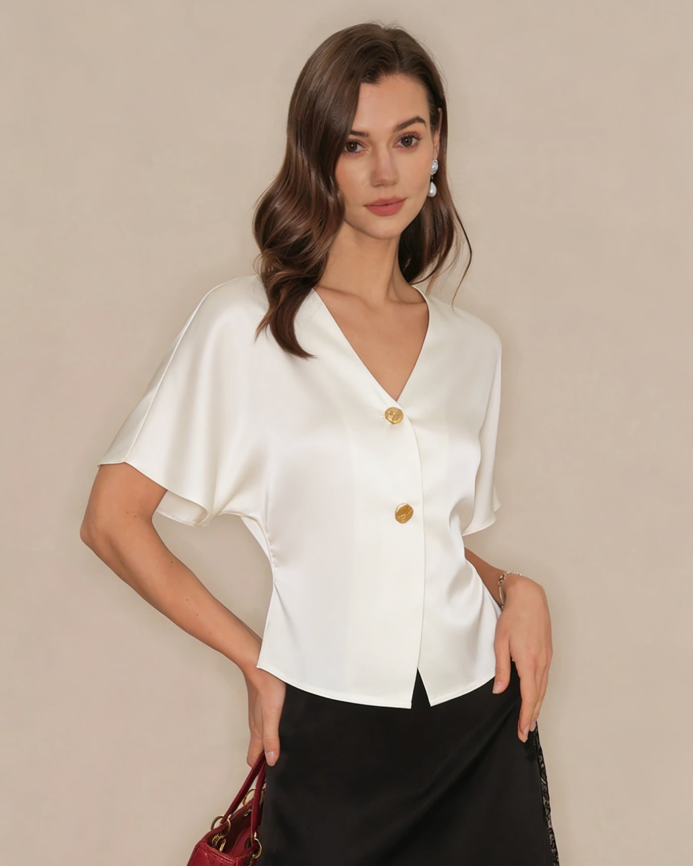 Apricot V Neck Button Tee