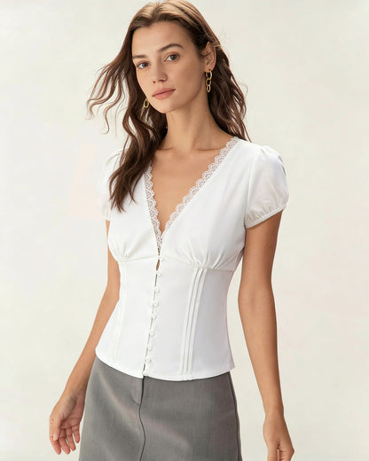White V Neck Lace Splicing Tee