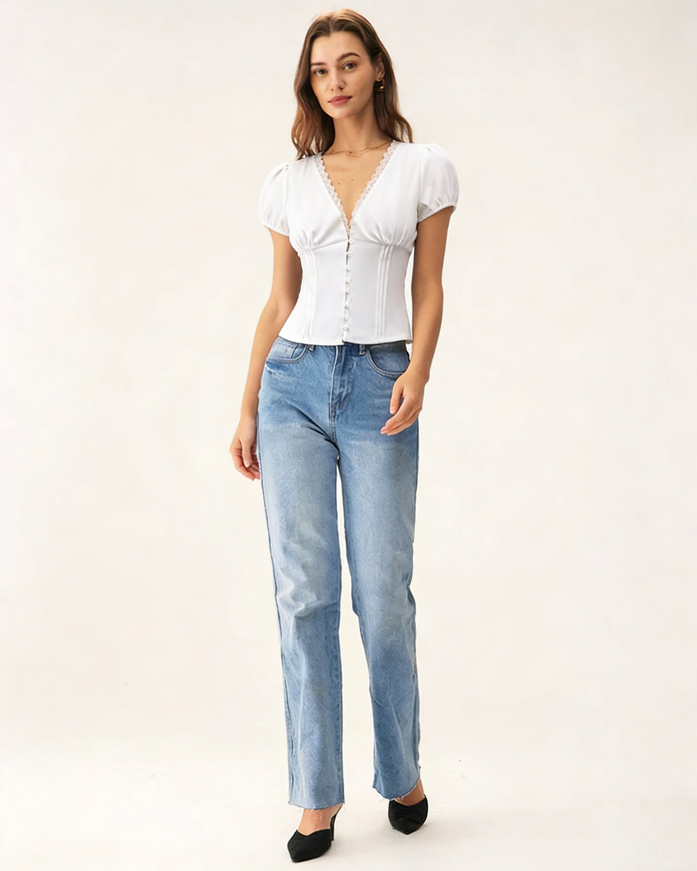 White V Neck Lace Splicing Tee