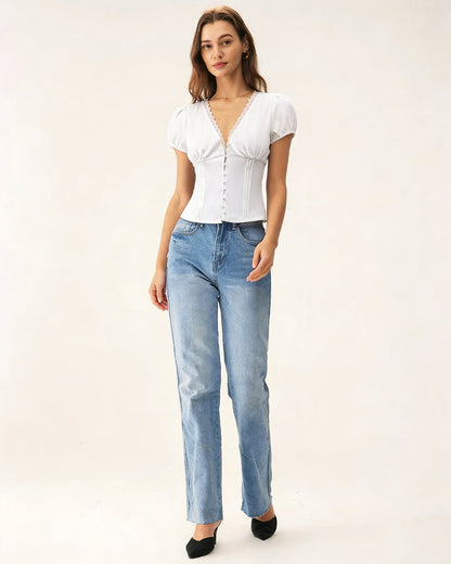 White V Neck Lace Splicing Tee