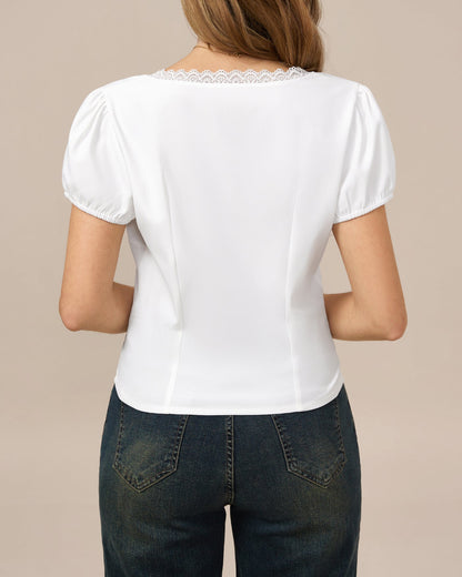 White V Neck Lace Splicing Tee