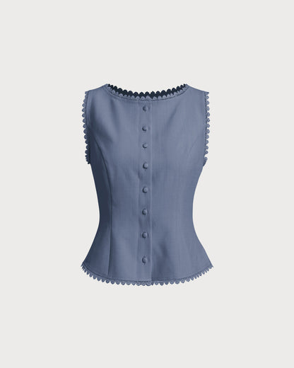 Blue Boat Neck Single Breasted Vest