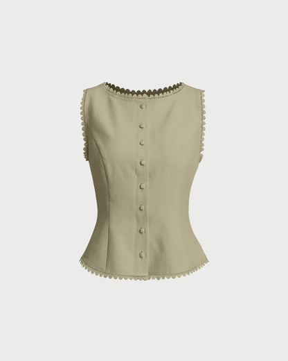 Green Boat Neck Single Breasted Vest