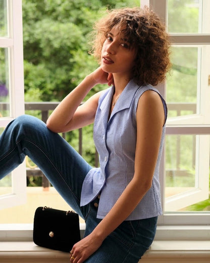 Blue Single Breasted Collar Striped Vest