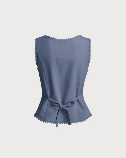 Blue Boat Neck Single Breasted Vest