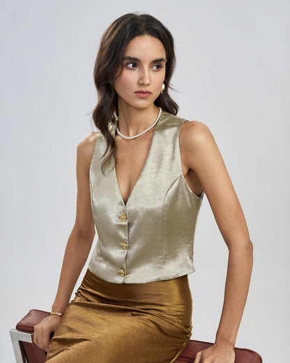 Apricot V Neck Button Vest