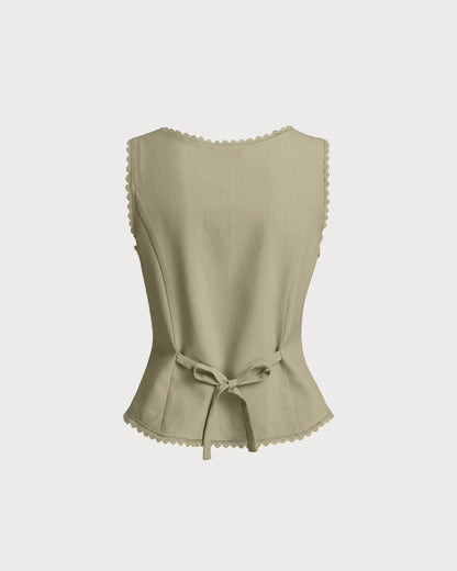 Green Boat Neck Single Breasted Vest
