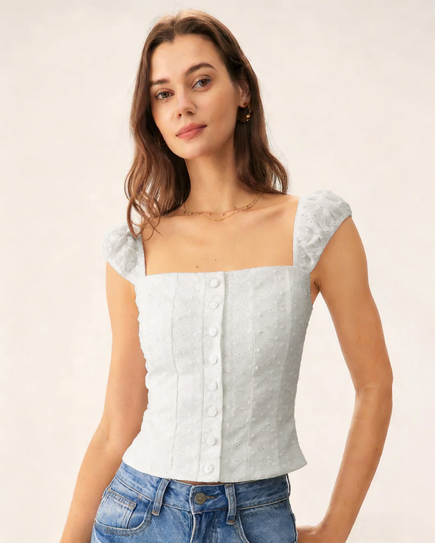 White Floral Shirred Tank Top