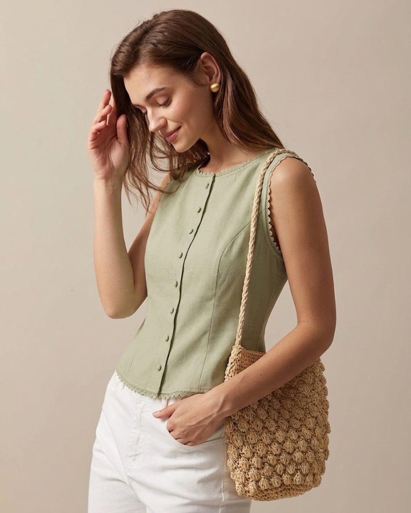 Green Boat Neck Single Breasted Vest