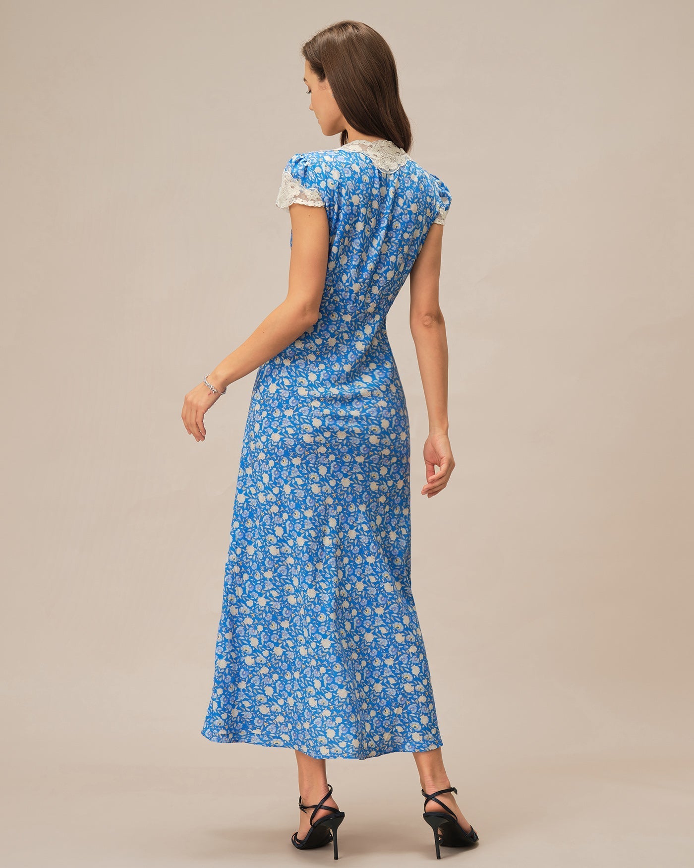 Blue V Neck Floral Maxi Dress