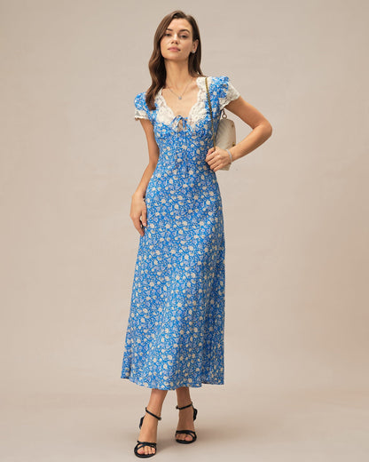 Blue V Neck Floral Maxi Dress