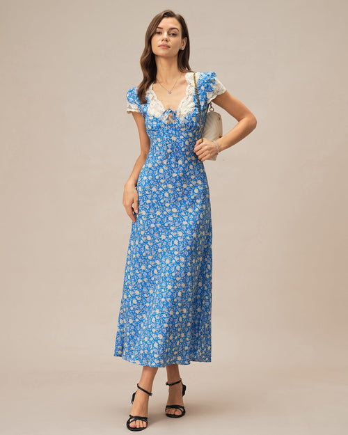 Blue V Neck Floral Maxi Dress