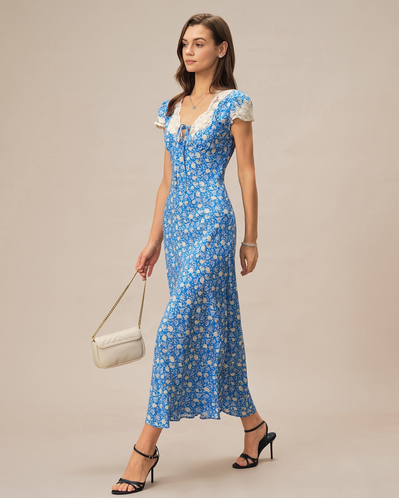 Blue V Neck Floral Maxi Dress