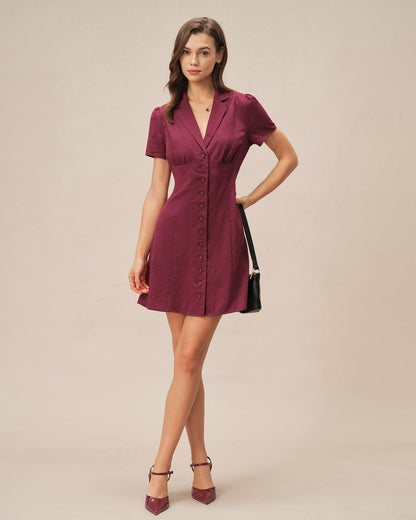 Red V Neck Button Mini Dress