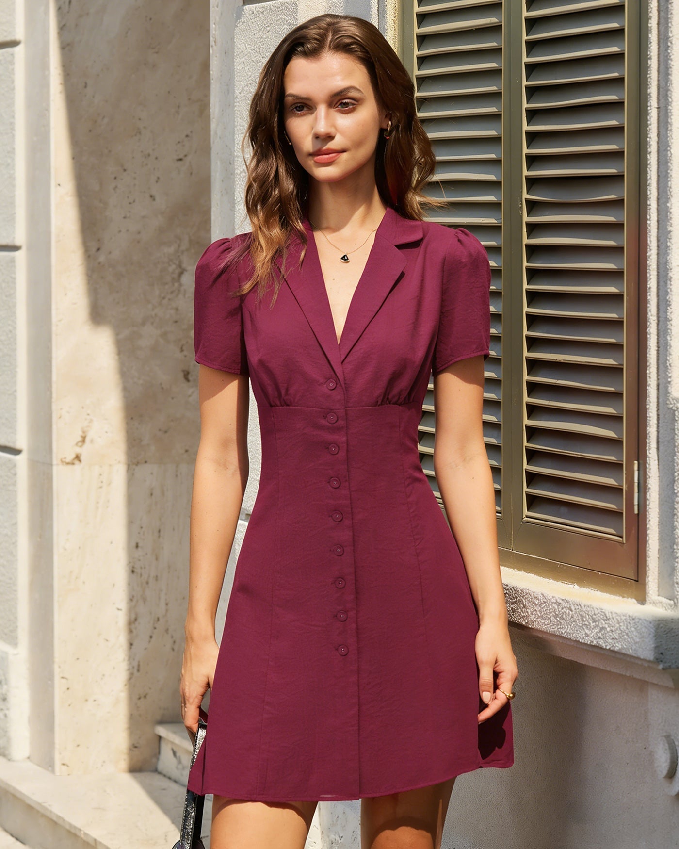 Red V Neck Button Mini Dress