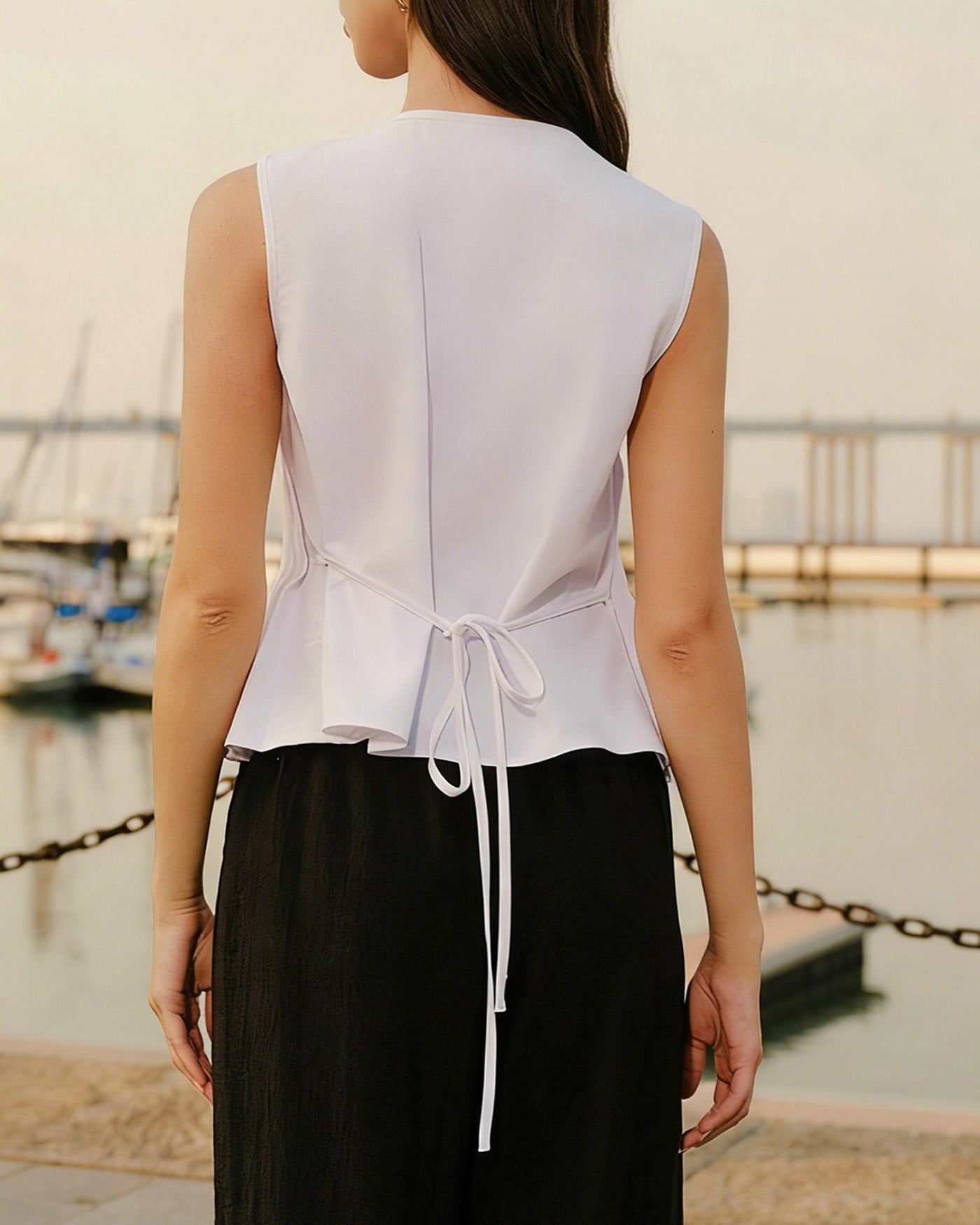 White Round Neck Ruched Tank