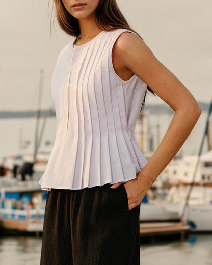 White Round Neck Ruched Tank