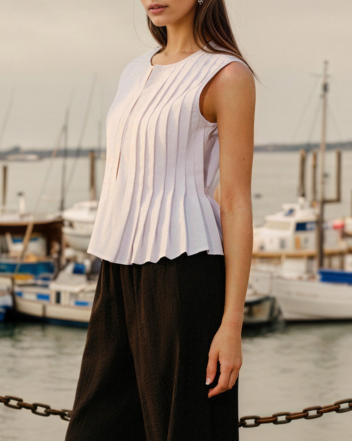 White Round Neck Ruched Tank