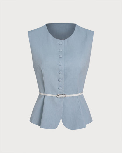 Blue Single Breasted Belt Vest