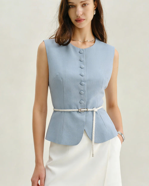 Blue Single Breasted Belt Vest
