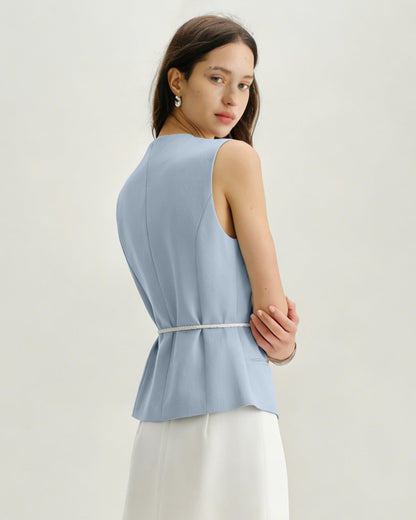Blue Single Breasted Belt Vest