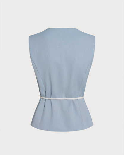 Blue Single Breasted Belt Vest