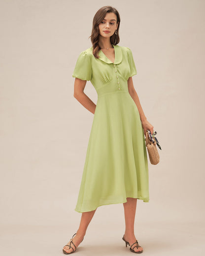 Green Collar Button Midi Dress