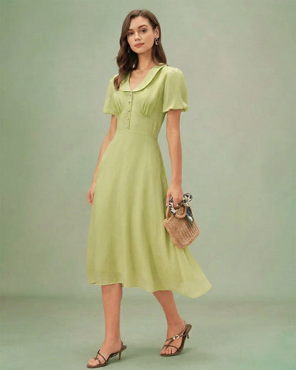 Green Collar Button Midi Dress