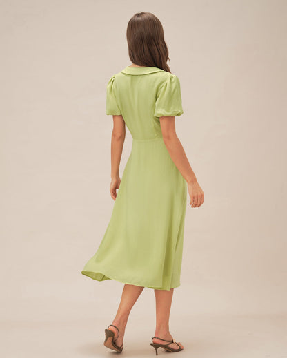 Green Collar Button Midi Dress