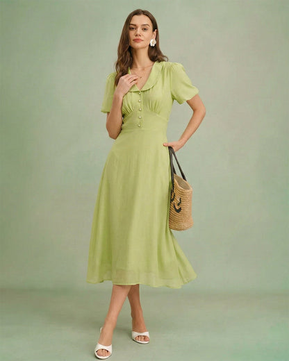 Green Collar Button Midi Dress