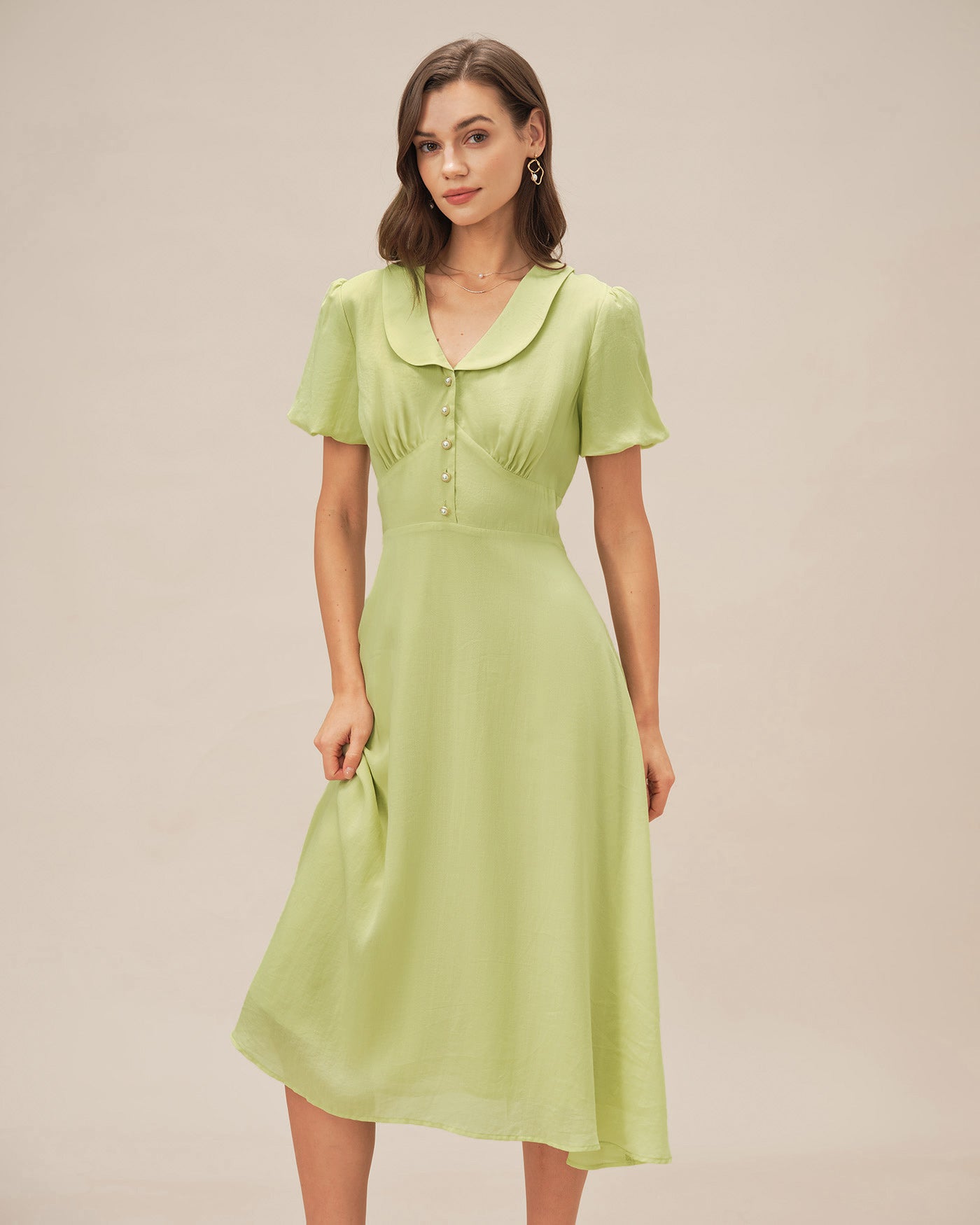 Green Collar Button Midi Dress