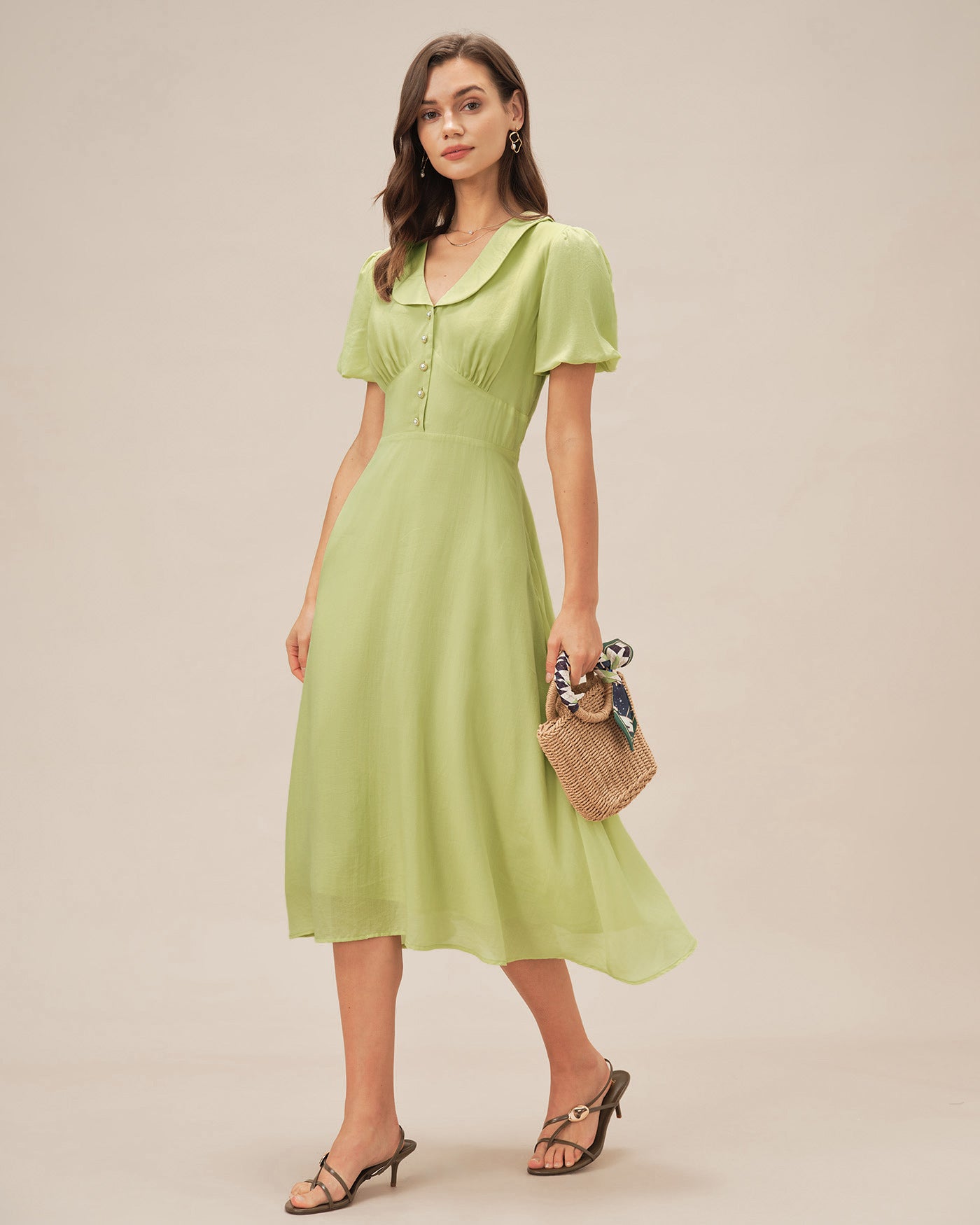 Green Collar Button Midi Dress