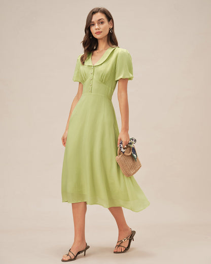 Green Collar Button Midi Dress